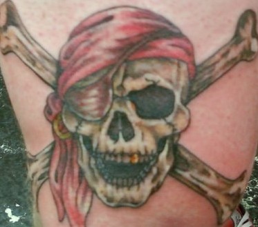 Wonderful Pirate Skull With Crossbone Tattoo Design For Thigh