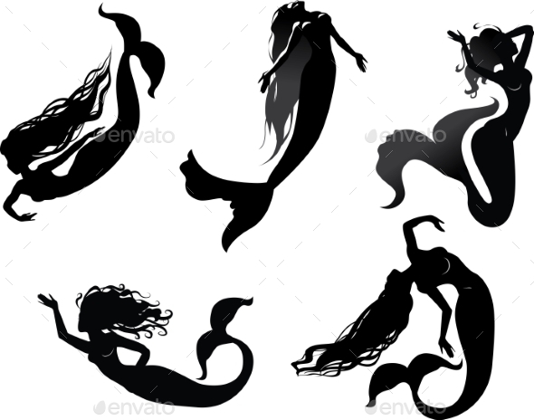 Wonderful Silhouette Five Mermaids Tattoo Design