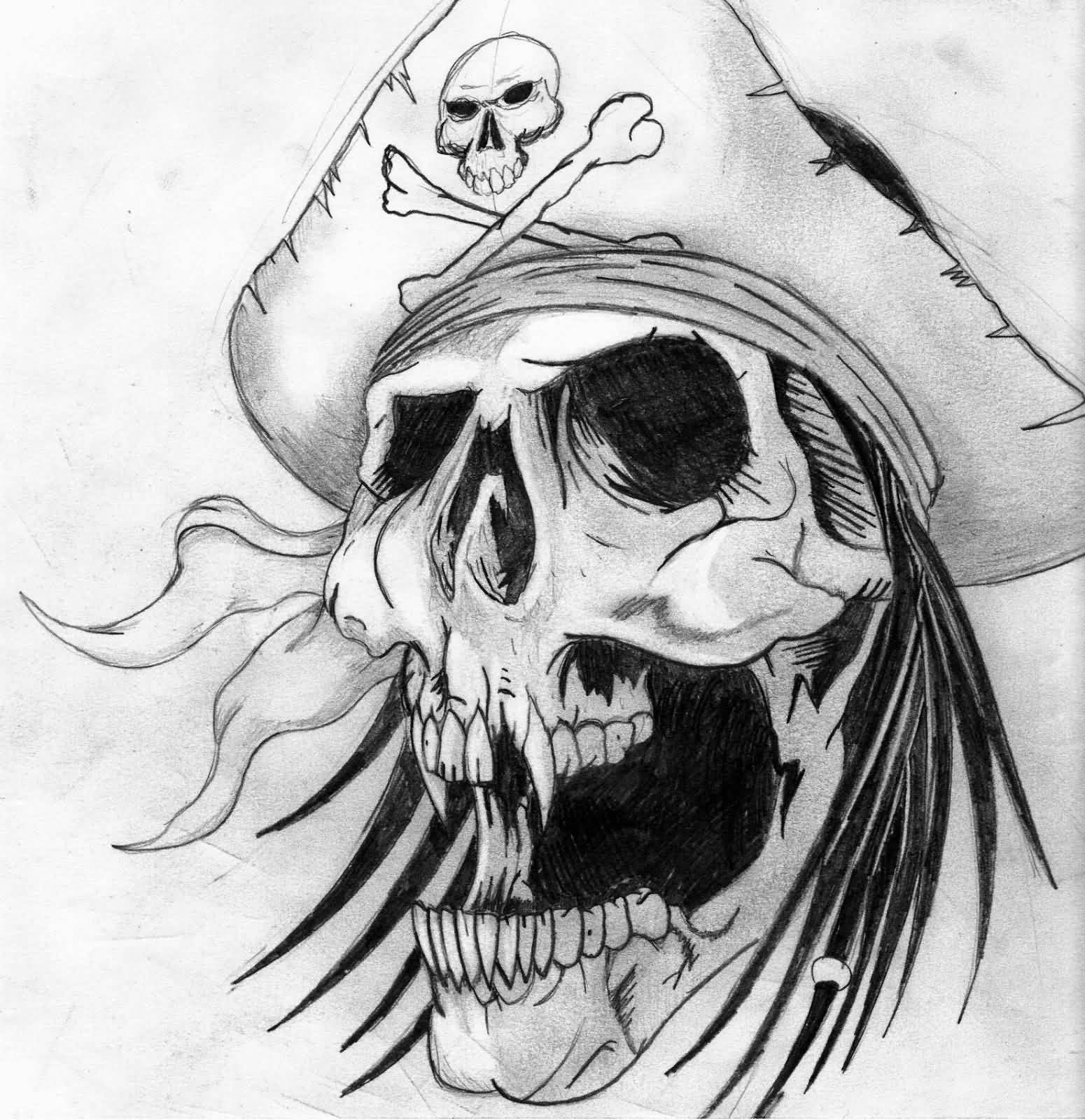 Wonderful Black Ink Pirate Skull Tattoo Design