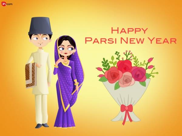 Young Parsi Couple Wishing You Happy Parsi New Year Flowers Bouquet Illustration
