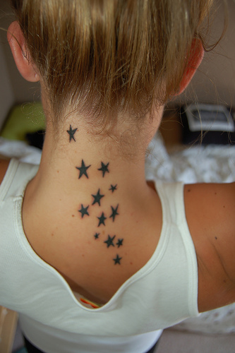 Amazing Back Neck Black Star Tattoos For Girls