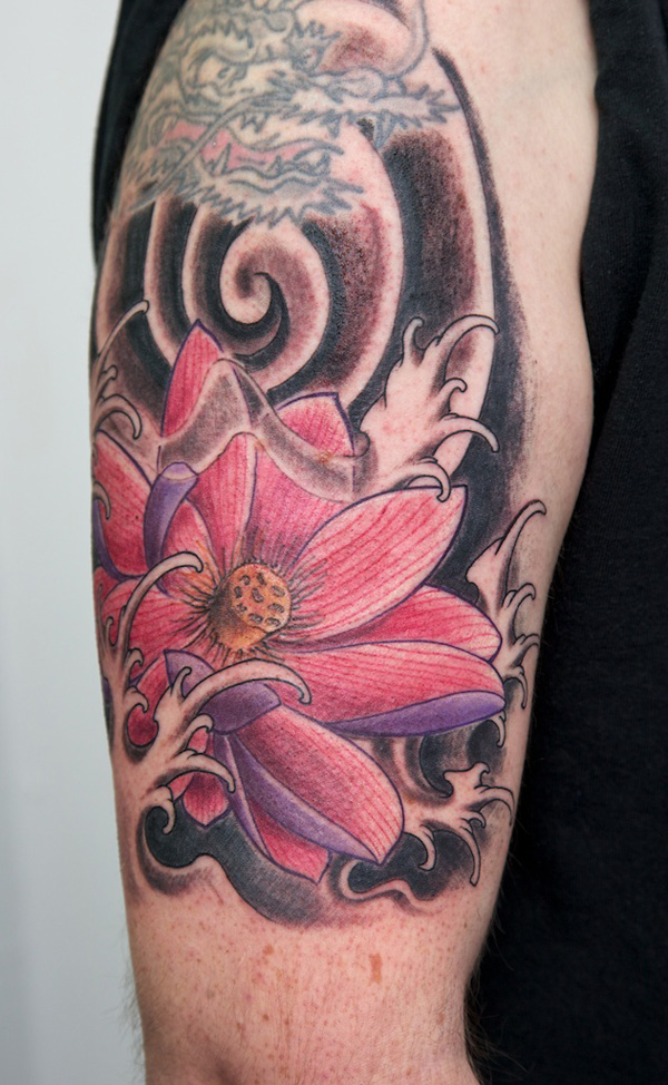 Attractive Lotus Flower Tattoo On Man Right Half Sleeve