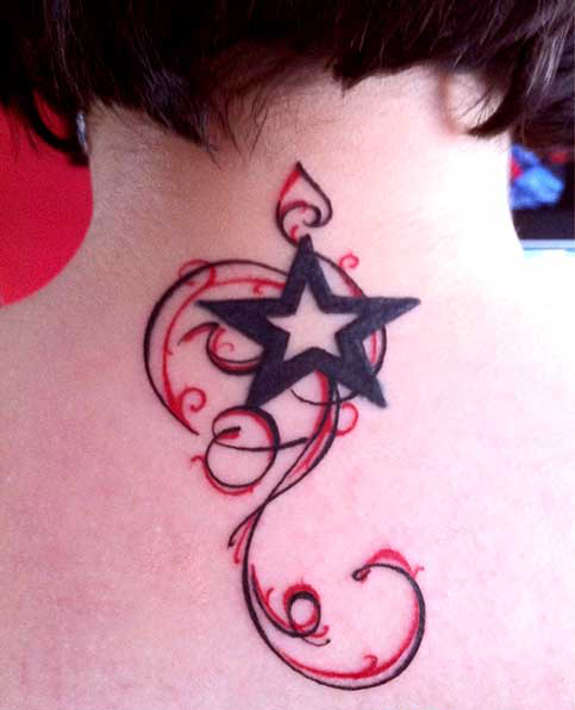 Awesome Black Star Tattoo On Girl Back Neck