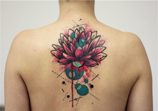 Awesome Colorful Lotus Flower Tattoo On Upper Back