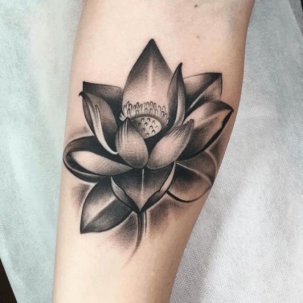Black And Grey Lotus Flower Tattoo Design For Forearm