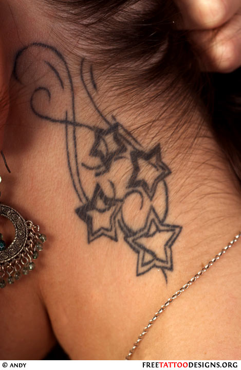 Black And Grey Outline Star Tattoos On Side Neck