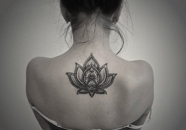 Black And White Lotus Tattoo On Girl Upper Back