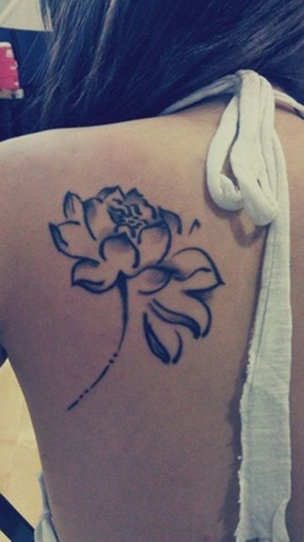 Black And White Lotus Tattoo On Left Back Shoulder