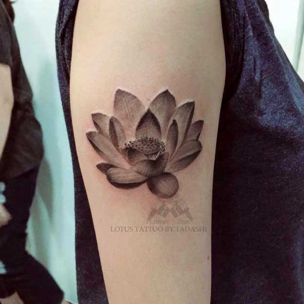 Black And White Lotus Tattoo On Right Half Sleeve