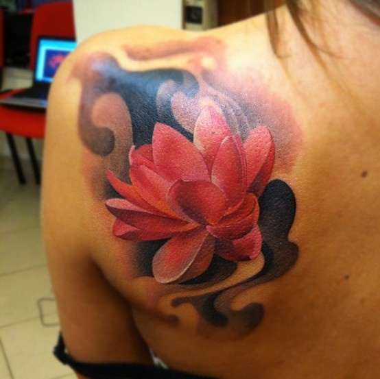 Classic 3D Lotus Flower Tattoo On Left Back Shoulder