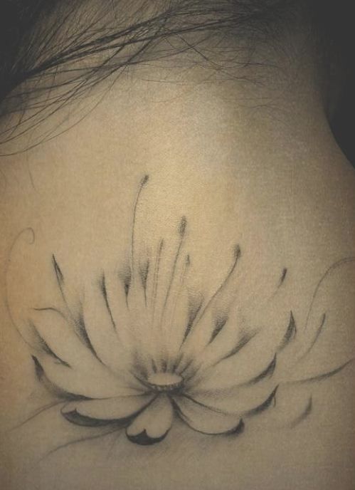 Classic Black And White Lotus Tattoo On Girl Upper Back