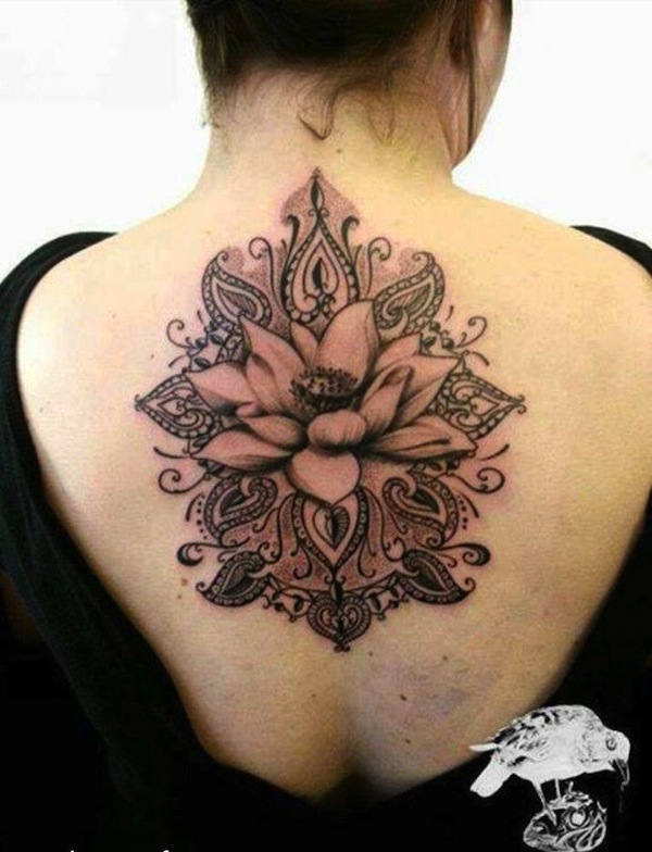 Classic Black Ink Lotus Flower Tattoo On Upper Back