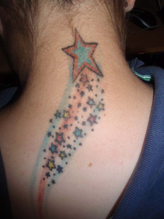 Colored Star Tattoos On Back Neck For Girls