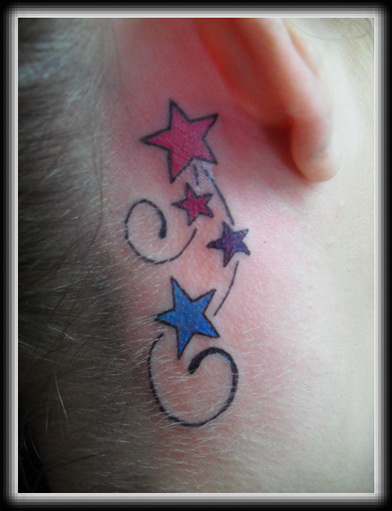 Colored Star Tattoos On Girl Side Neck