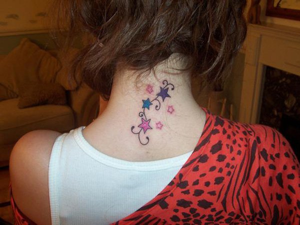 Colored Star Tattoos On Nape For Young Girls