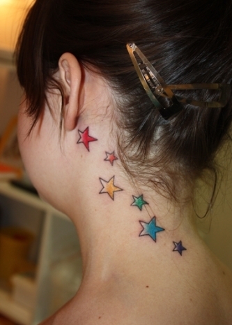 Colored Star Tattoos On Side Neck For Girls