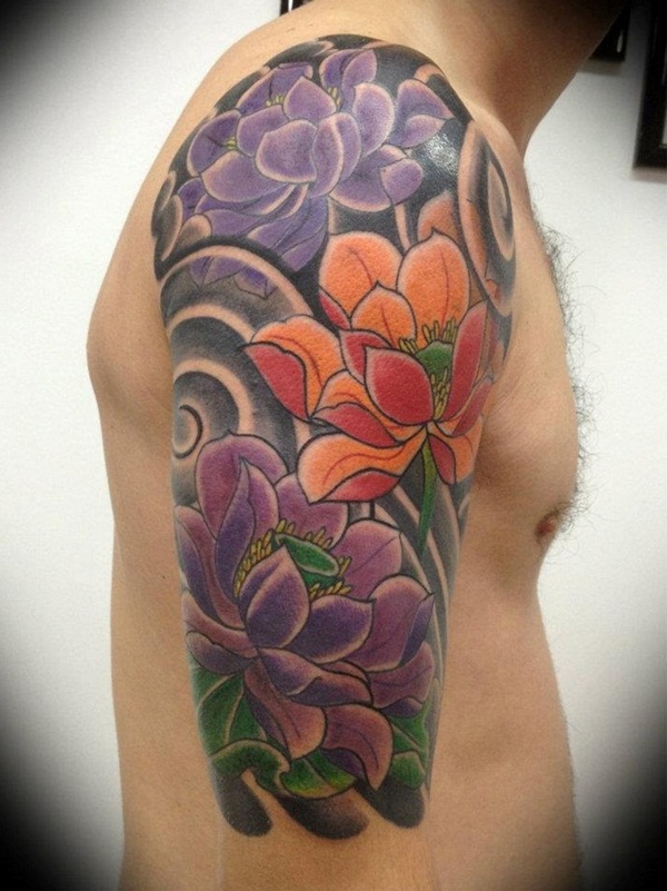 Colorful Lotus Flowers Tattoo On Right Half Sleeve