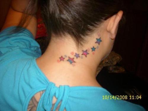 Colorful Star Tattoos On Back Neck