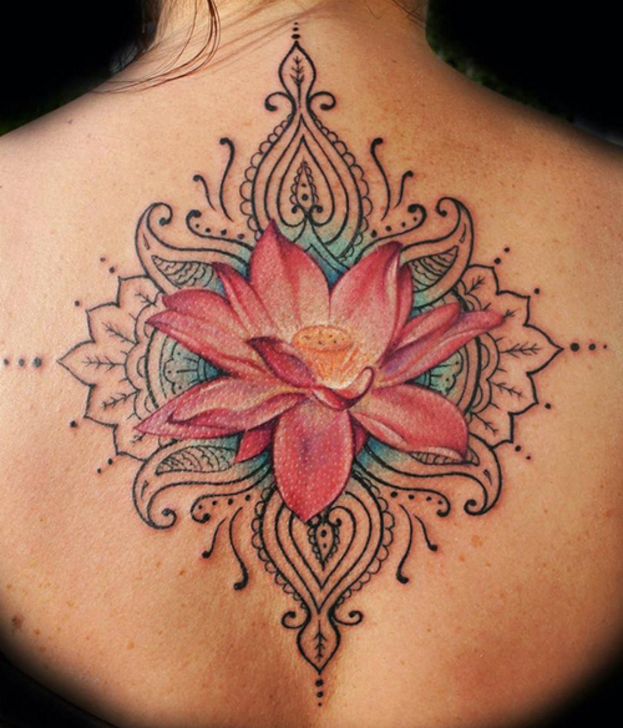 Cool Pink Lotus Flower Tattoo On Upper Back