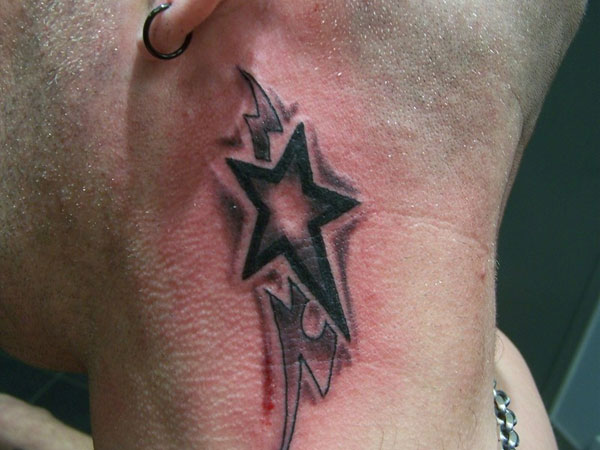 Grey And Black Star Tattoo On Side Neck