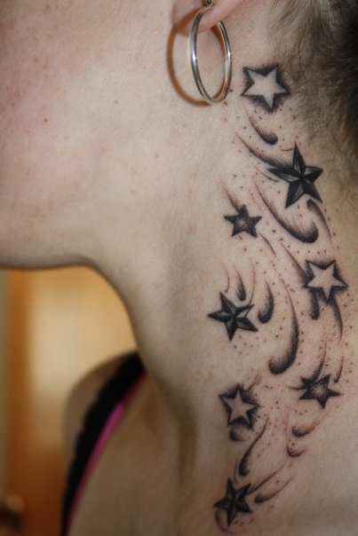 Grey And Black Star Tattoos On Girl Side Neck
