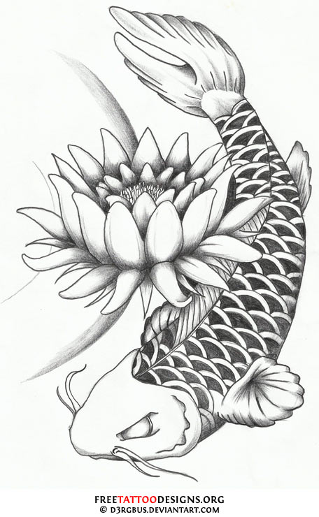 Grey Ink Lotus With Koi Fish Tattoo Design