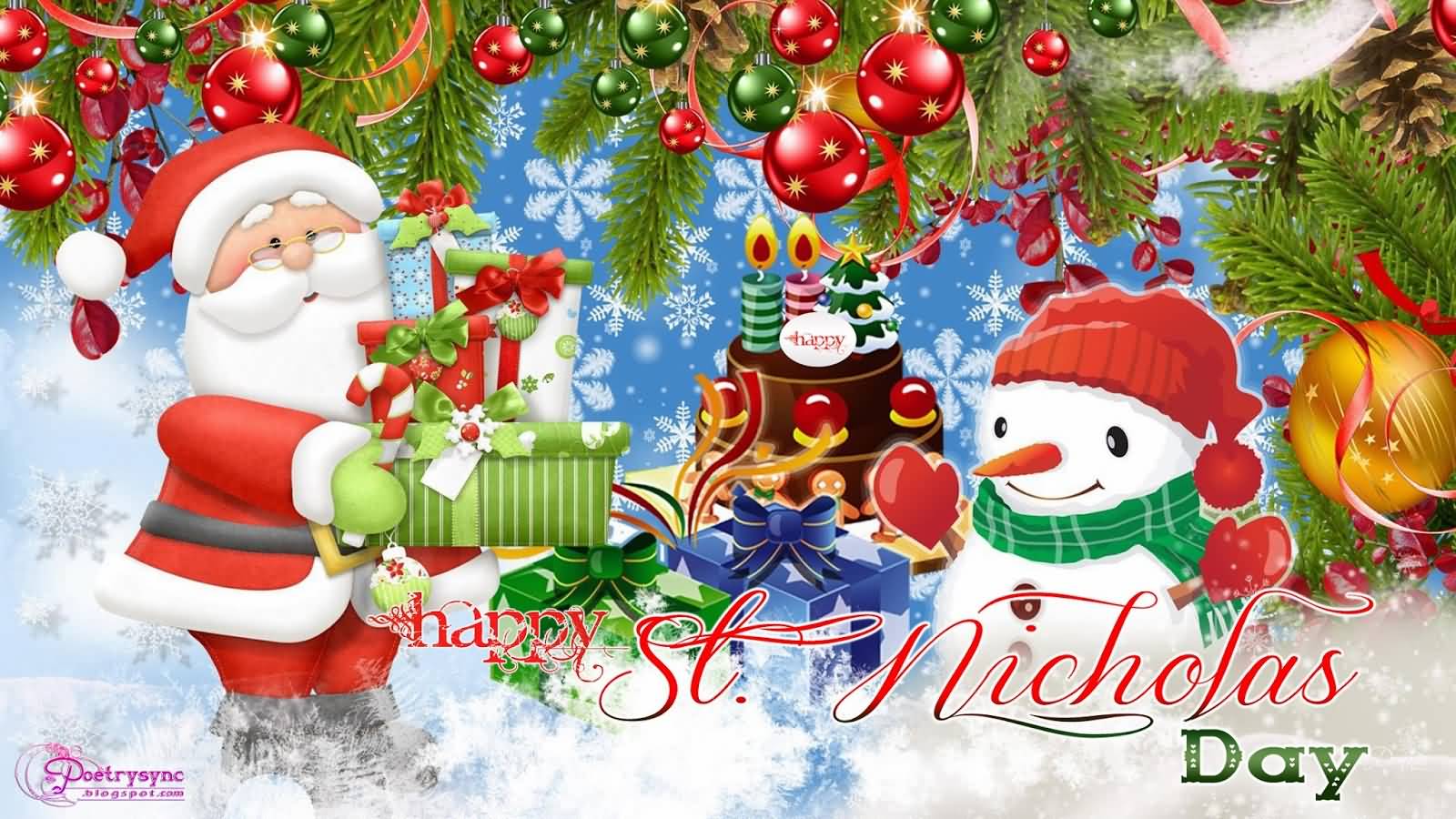 Happy St. Nicholas Day Santa Claus With Snowman