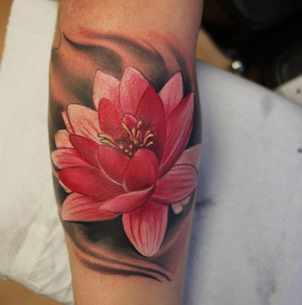 Impressive Lotus Flower Tattoo Design For Leg Calf