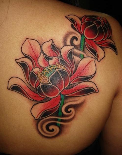 Impressive Two Lotus Flowers Tattoo On Right Back Shoulder