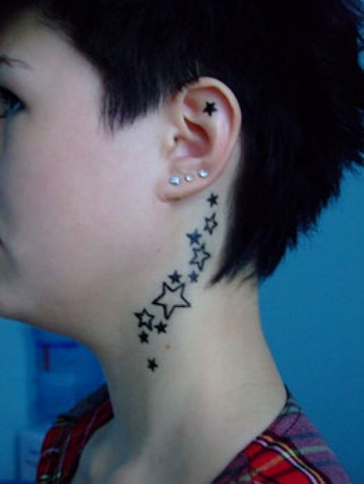 Nice Black Outline Star Tattoos On Girl Side Neck