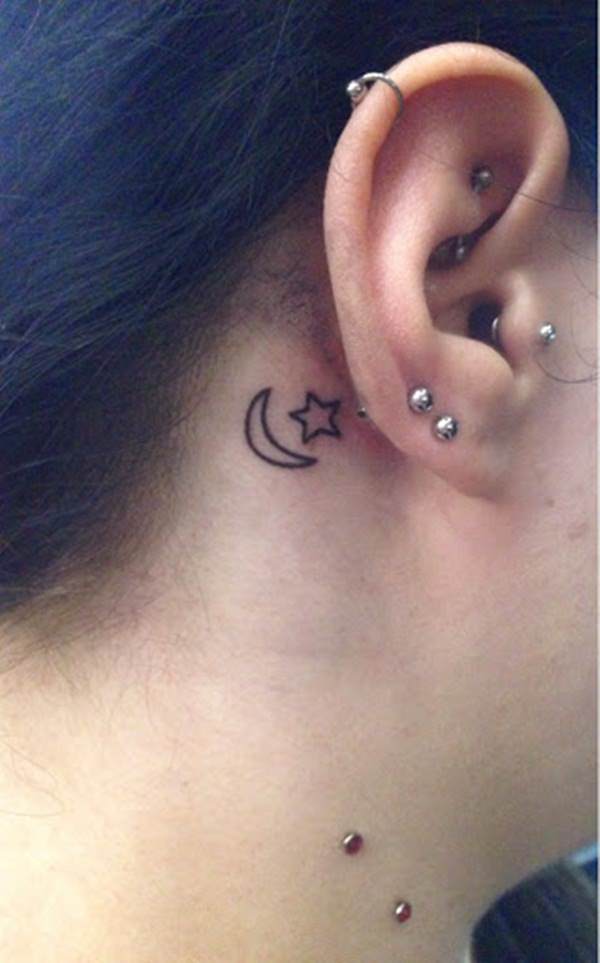 Outline Moon And Star Tattoo On Side Neck