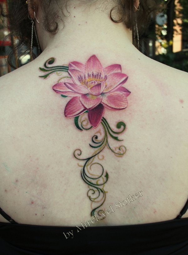 Pink Ink Lotus Flower Tattoo On Upper Back