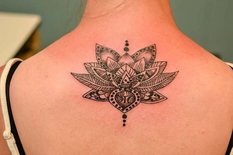 Unique Black And White Lotus Tattoo On Girl Upper Back