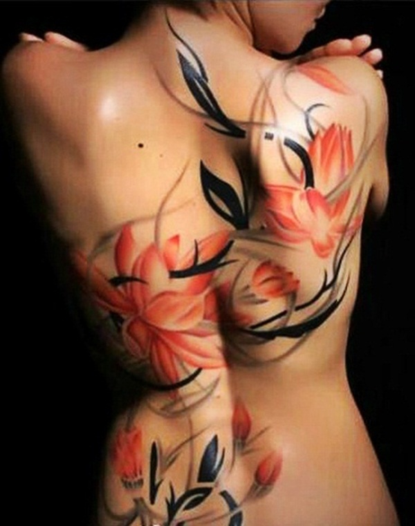 Unique Lotus Flowers Tattoo On Full Back