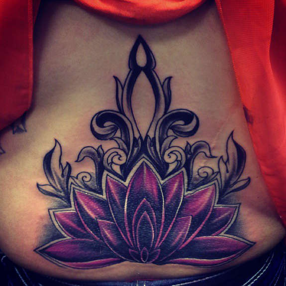 Wonderful Purple Lotus Flower Tattoo On Lower Back