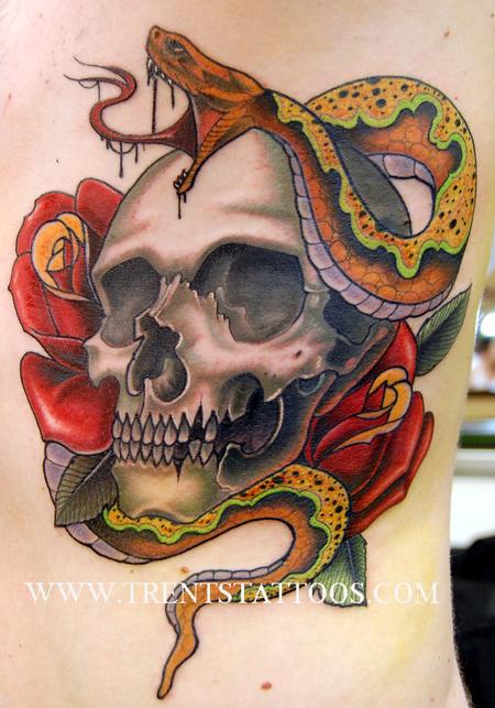3D Skull With Skull And Rose Tattoo Design For Side Rib