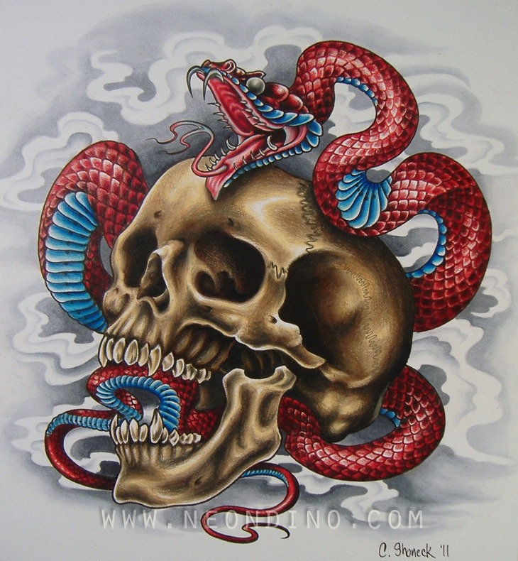 3D Traditional Snake With Skull Tattoo Design