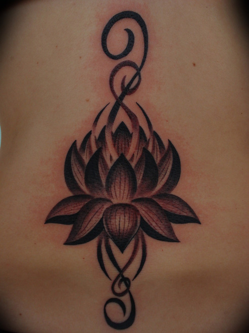 Amazing Black Ink Lotus Tattoo Design