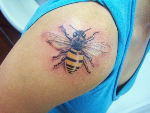 Amazing Bumblebee Tattoo On Right Shoulder
