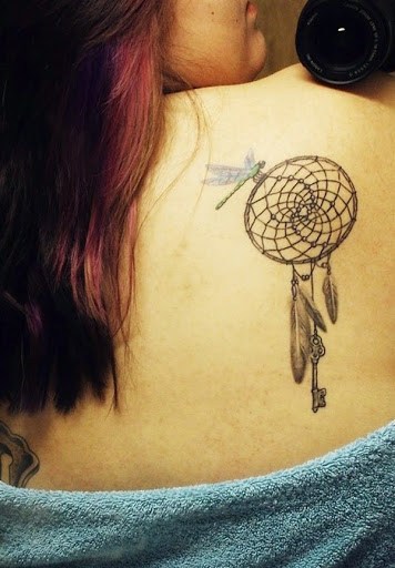 Amazing Dragonfly And Dreamcatcher Tattoo On Right Back Shoulder
