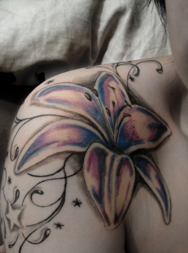 Amazing Lily Tattoo On Front Shoulder