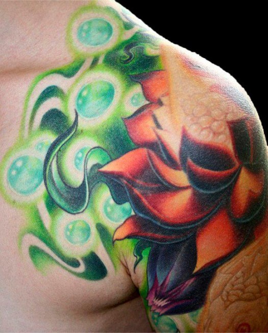 Amazing Lotus Tattoo On Man Left Shoulder