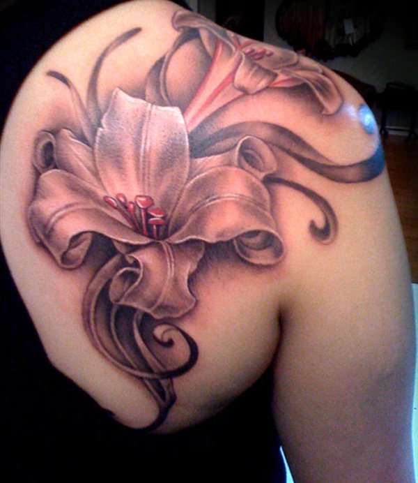 Amazing Right Back Shoulder Lily Flowers Tattoo