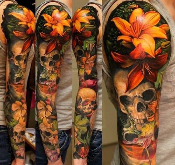 Amazing Skull And Lily Flower Tattoo On Full Sleeve