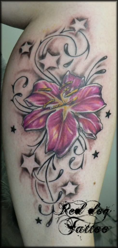 Amazing Stars And Lily Flower Tattoo On Leg