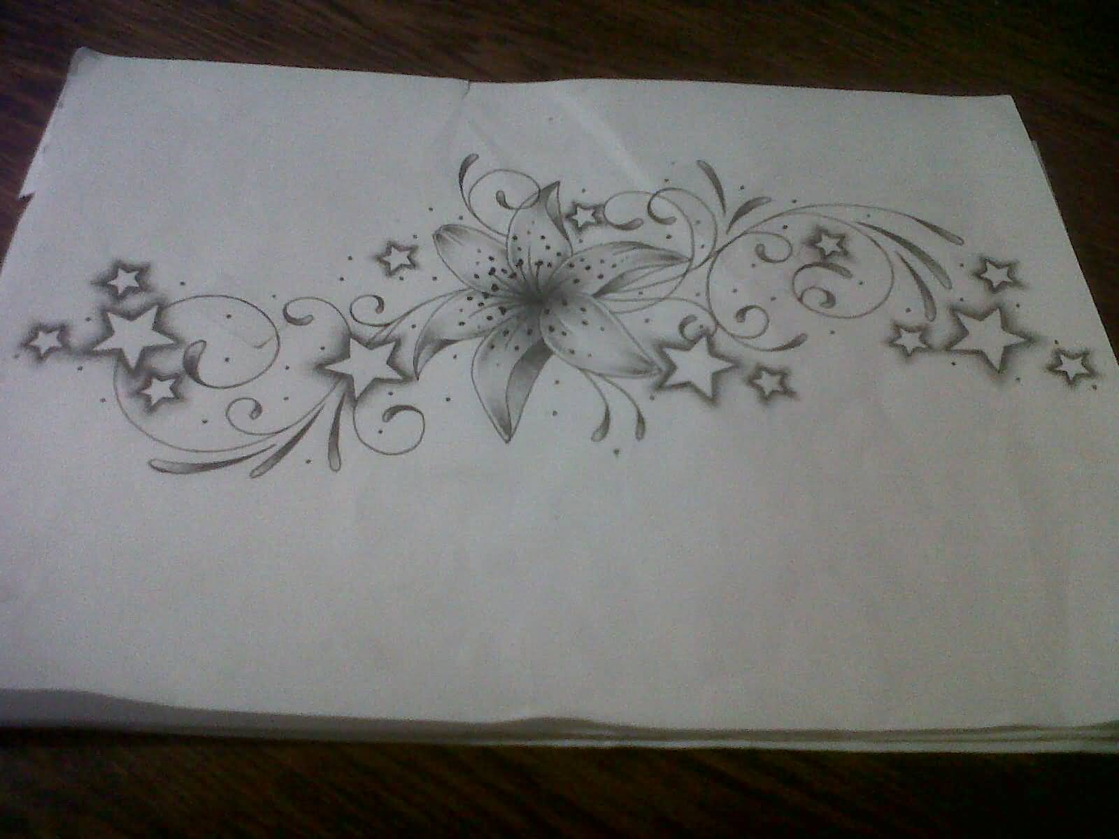 Amazing Swirl Stars And Lily Flower Tattoo Design