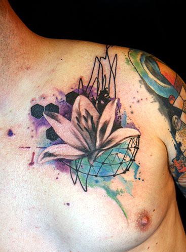 Amazing Watercolor Lily Tattoo On Man Front Shoulder