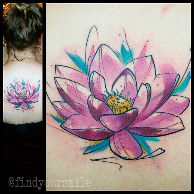 Amazing Watercolor Lotus Flower Tattoo On Girl Upper Back