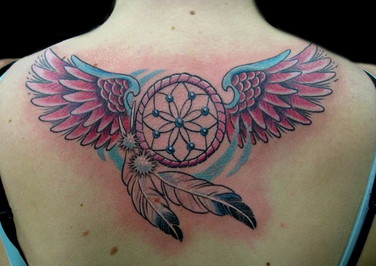 Angel Winged Dreamcatcher Tattoo On Upper Back