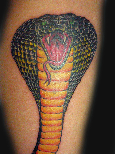 Attractive 3D Cobra Snake Tattoo Design For Leg Calf